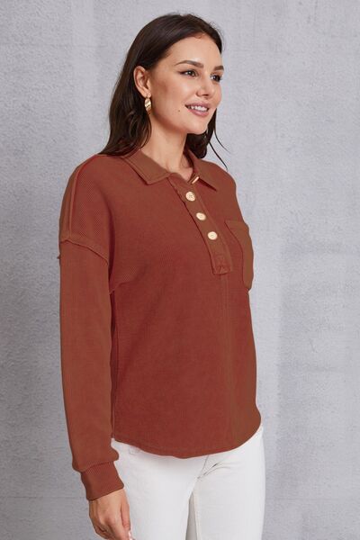 Quarter Button Dropped Shoulder Sweatshirt - Charming Charlie