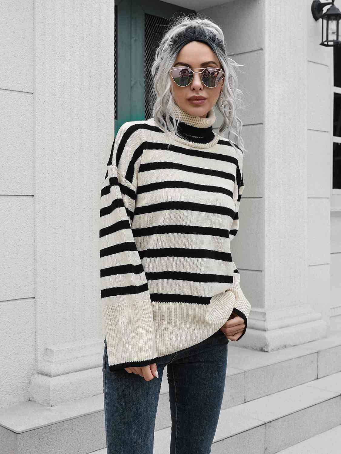 Striped Slit Turtleneck Drop Shoulder Sweater - Charming Charlie
