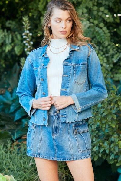 Veveret Button Up Raw Hem Denim Jacket - Charming Charlie