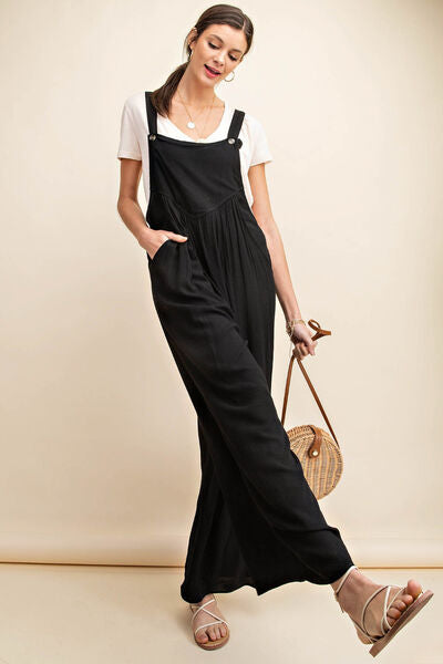 Kori America Full Size Sleeveless Ruched Wide Leg Overalls - Charming Charlie