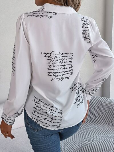 Letter Printed Button Up Long Sleeve Blouse - Charming Charlie
