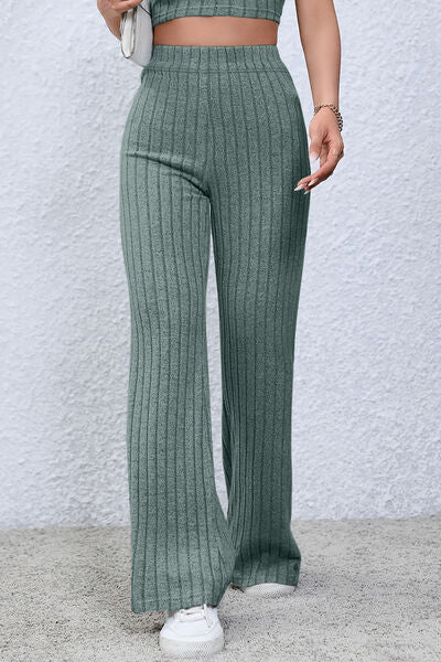 Basic Bae Full Size Ribbed High Waist Flare Pants - Charming Charlie