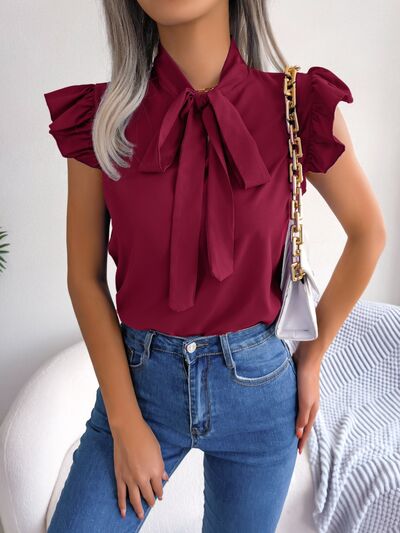 Tie Neck Cap Sleeve Blouse - Charming Charlie
