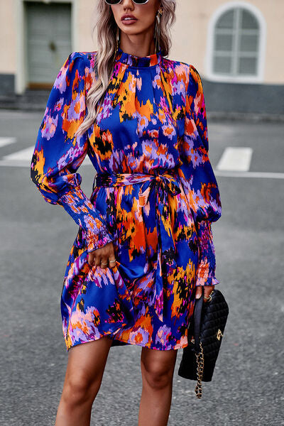 Printed Tie Waist Mock Neck Lantern Sleeve Dress - Charming Charlie