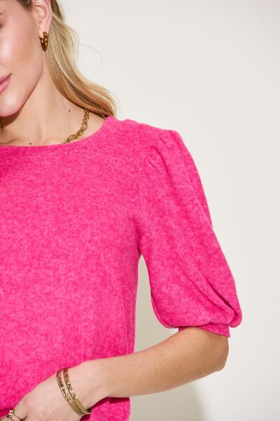 Zenana Round Neck Lantern Half Sleeve Sweater - Charming Charlie