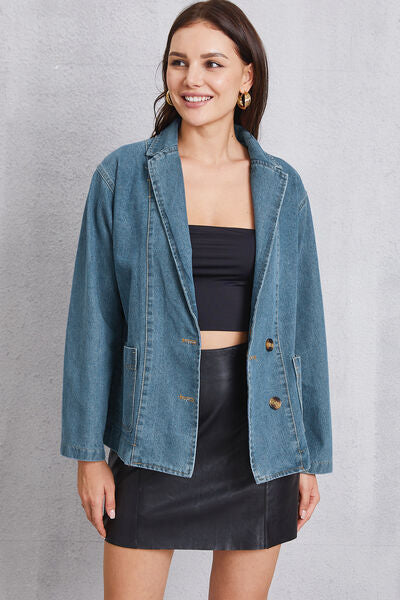 Pocketed Button Up Denim Jacket - Charming Charlie