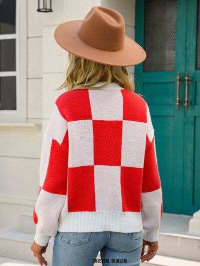 Checkered Round Neck Dropped Shoulder Sweater - Charming Charlie
