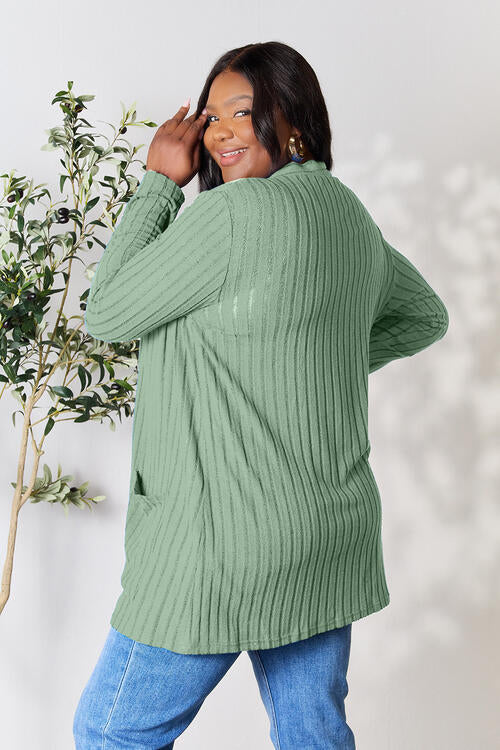 Basic Bae Full Size Ribbed Open Front Cardigan with Pockets - Charming Charlie