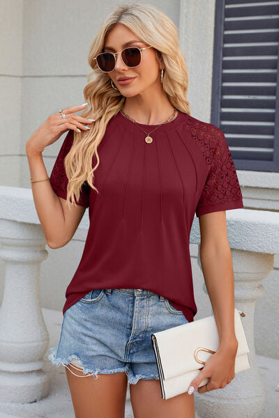 Openwork Round Neck Short Sleeve T-Shirt - Charming Charlie