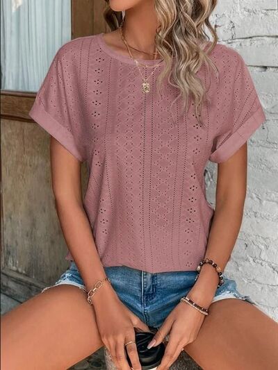 Eyelet Round Neck Short Sleeve T-Shirt - Charming Charlie