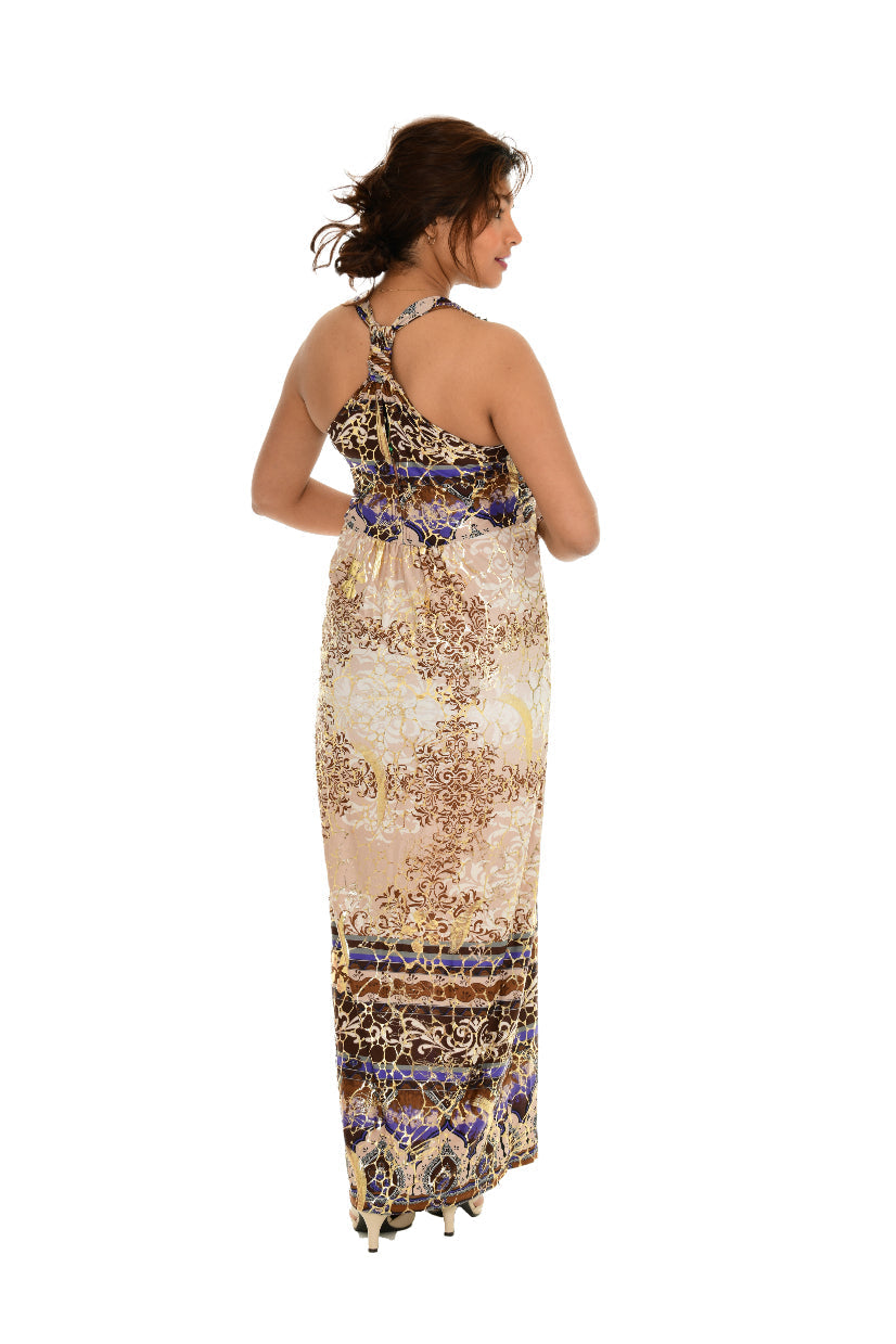 Abstract Gold Foil Halter Maxi Dress - Charming Charlie