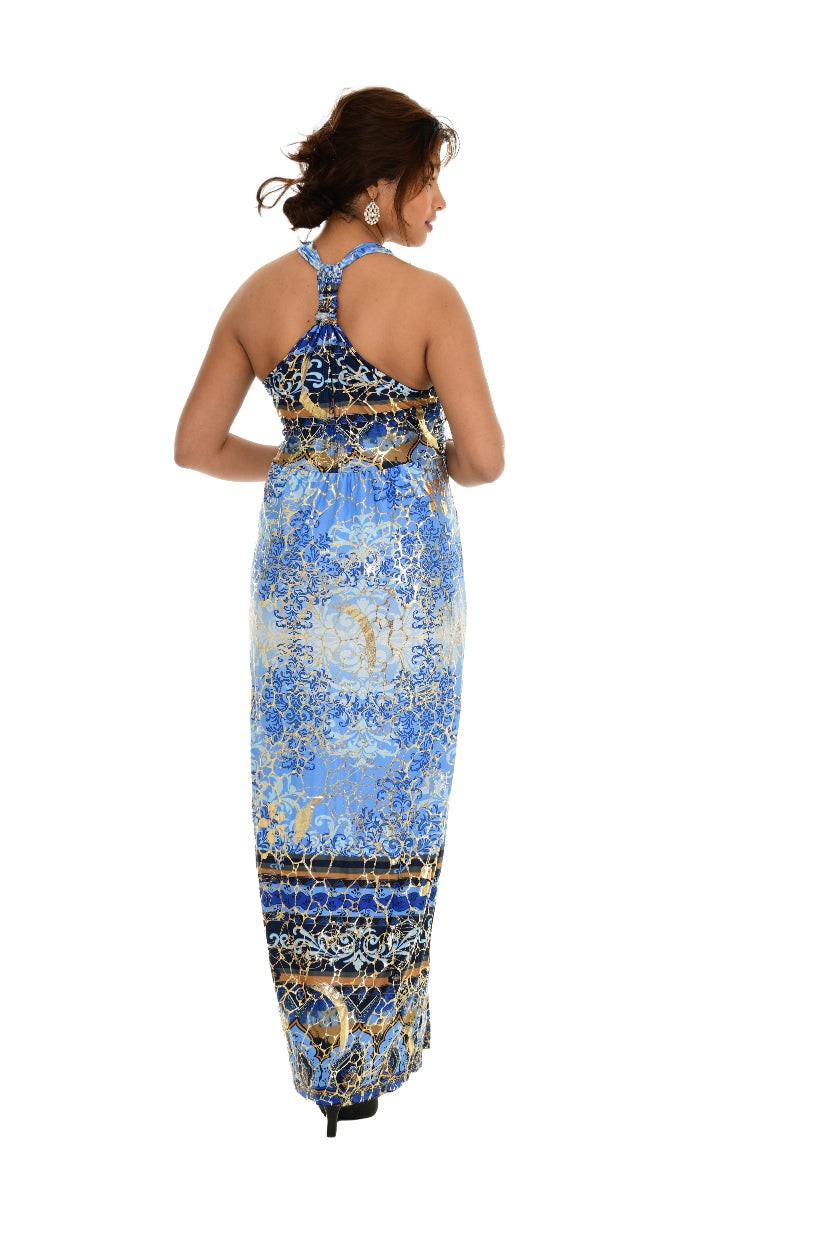 Abstract Gold Foil Halter Maxi Dress - Charming Charlie