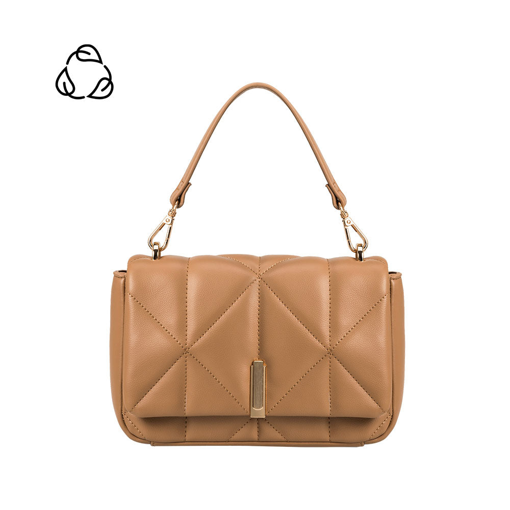 A camel quilted vegan leather crossbody bag with gold hardware.