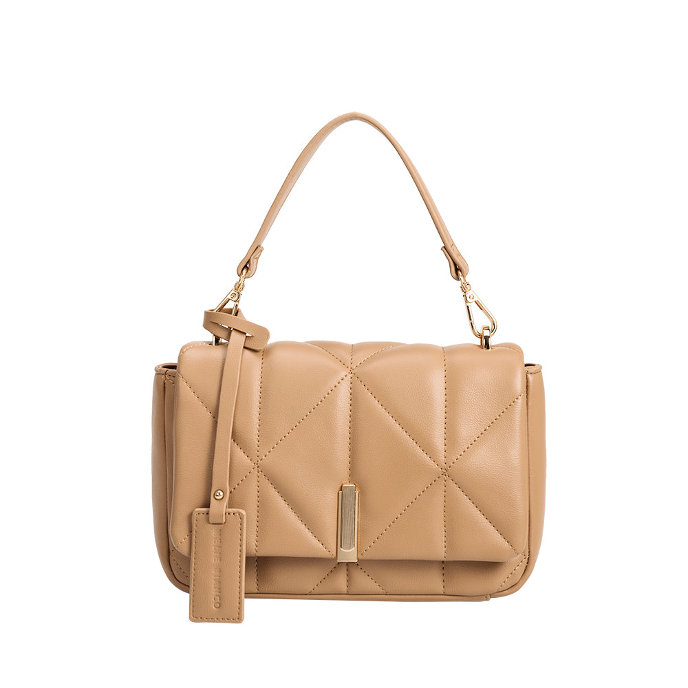 A camel quilted vegan leather crossbody bag with gold hardware.
