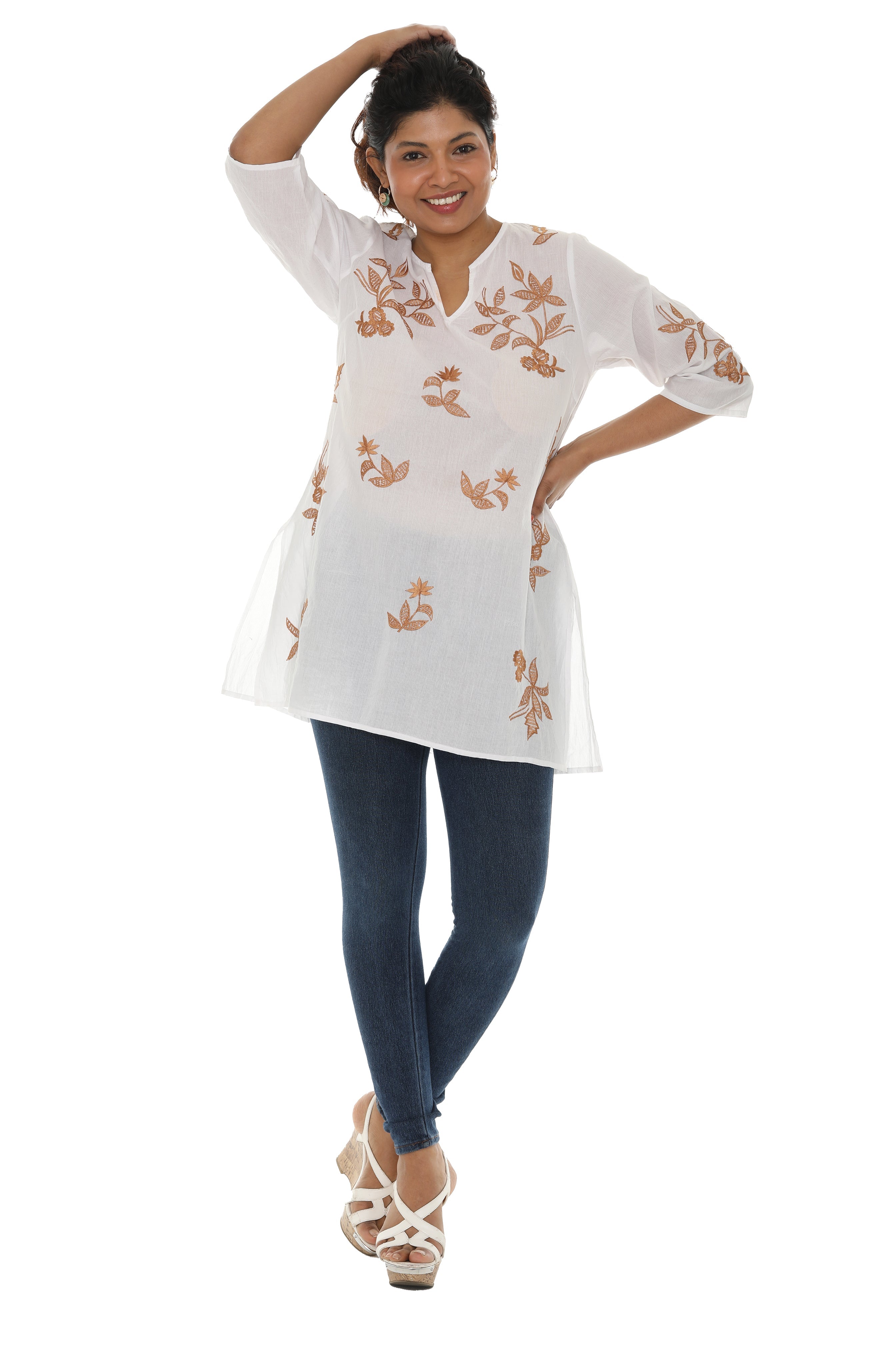 White & Beige Floral V-Neck Tunic - Shoreline Wear, Inc.