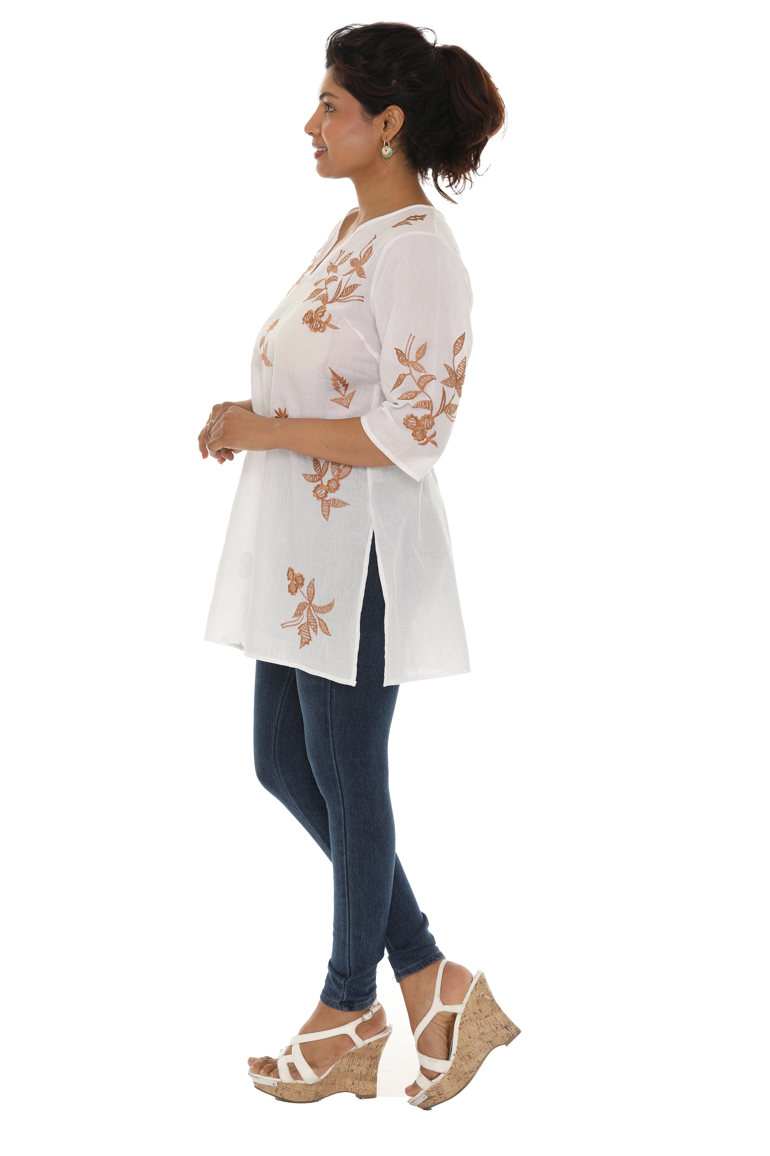 White & Beige Floral V-Neck Tunic - Shoreline Wear, Inc.
