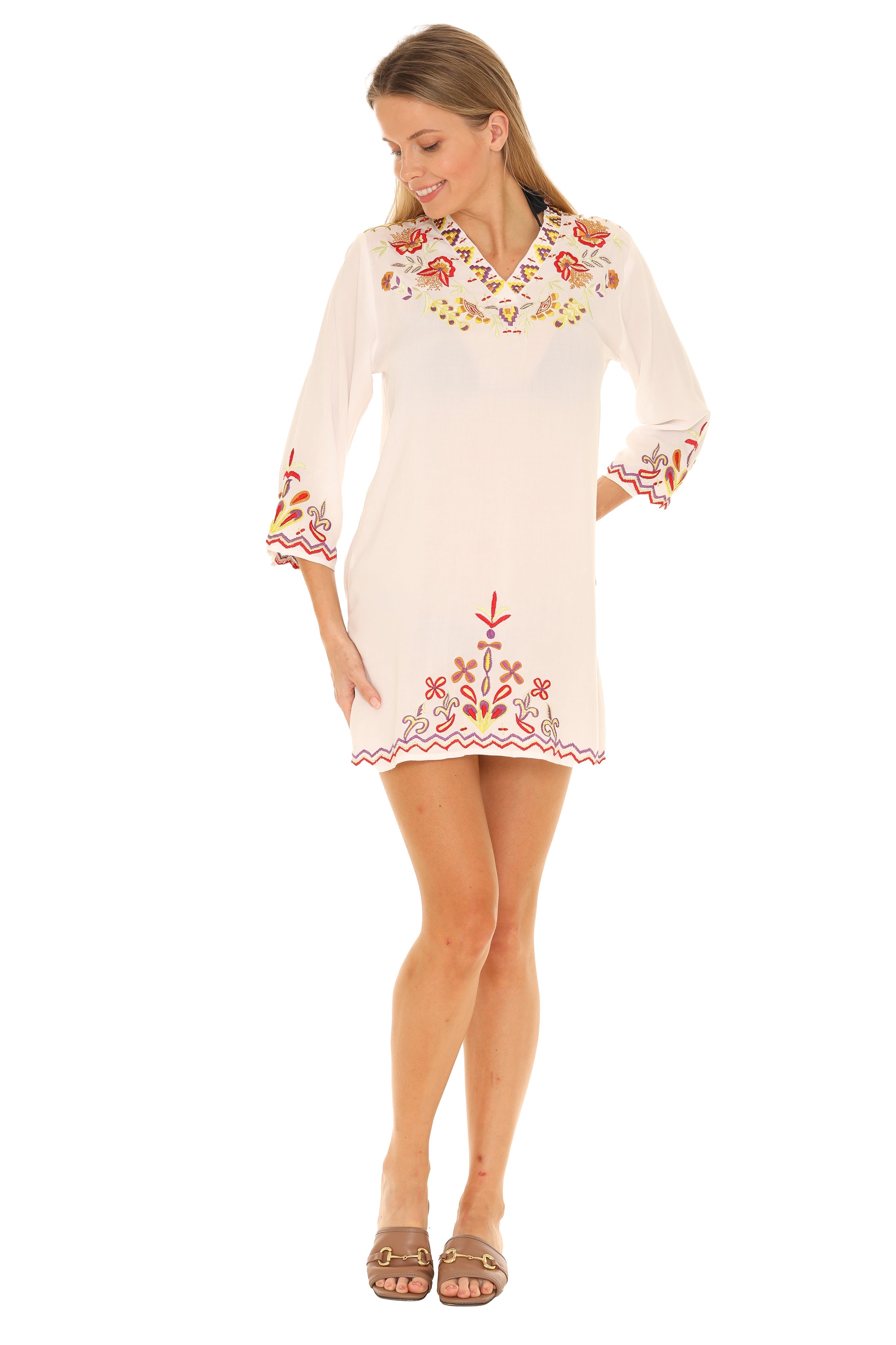 Floral Embroidered V- Neck Three-quarters Tunic - Shoreline Wear, Inc.