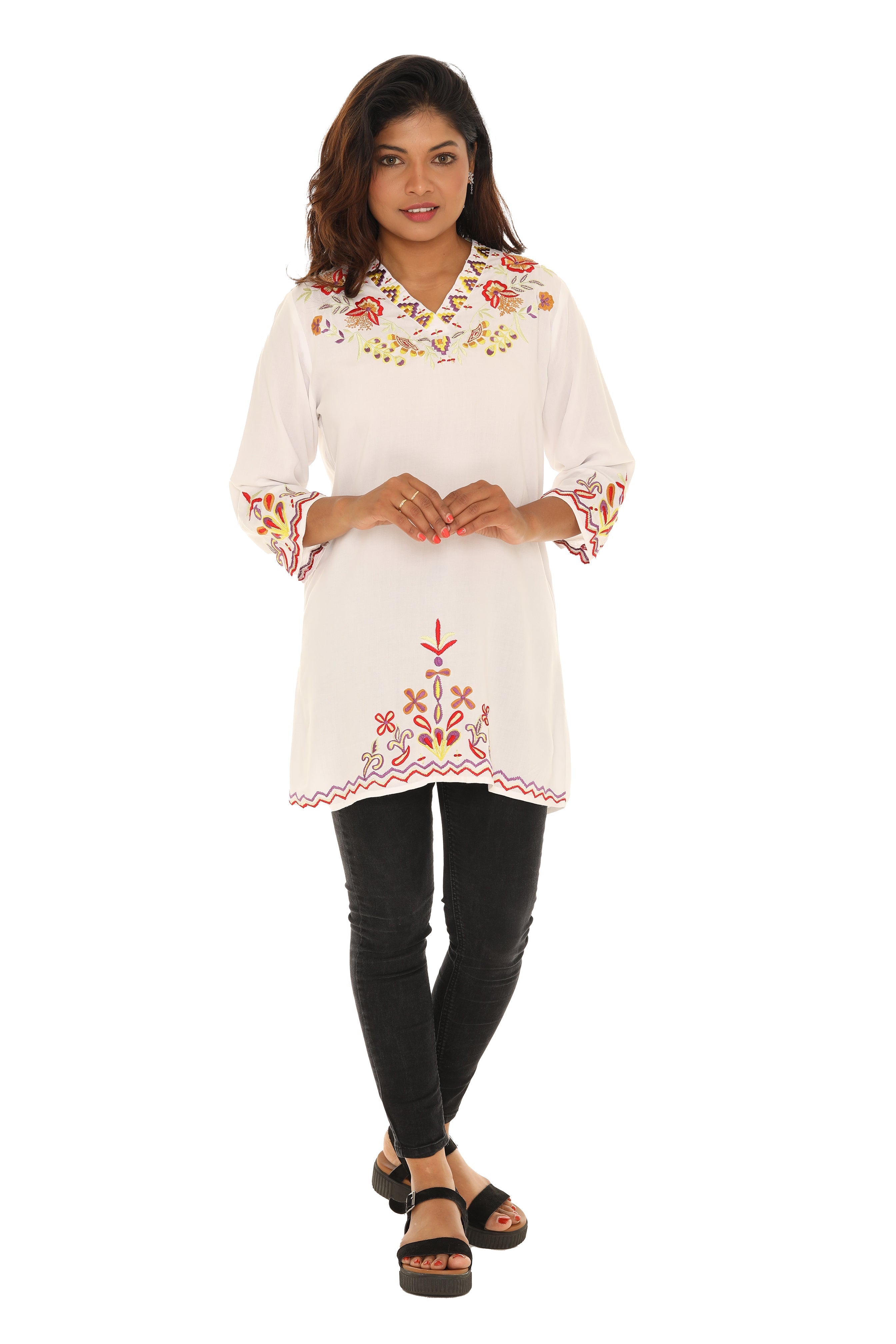 Floral Embroidered V- Neck Three-quarters Tunic - Shoreline Wear, Inc.