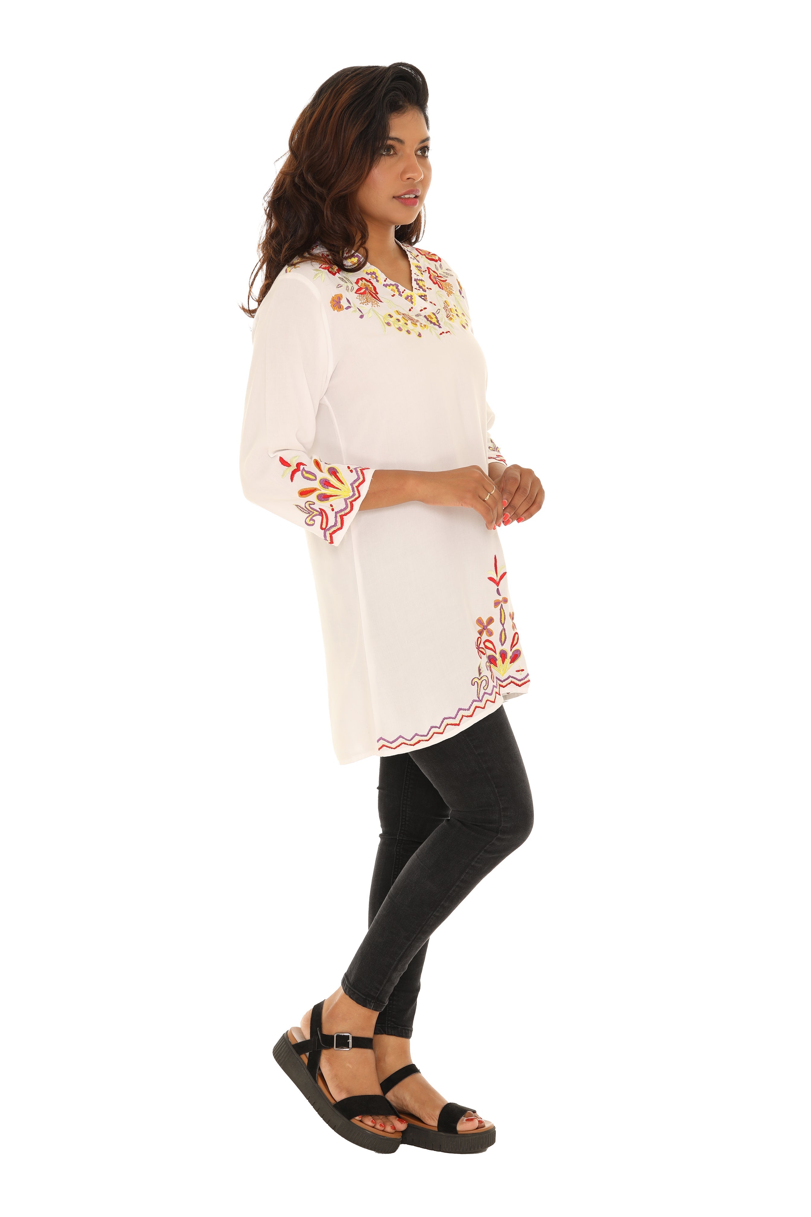 Floral Embroidered V- Neck Three-quarters Tunic - Shoreline Wear, Inc.