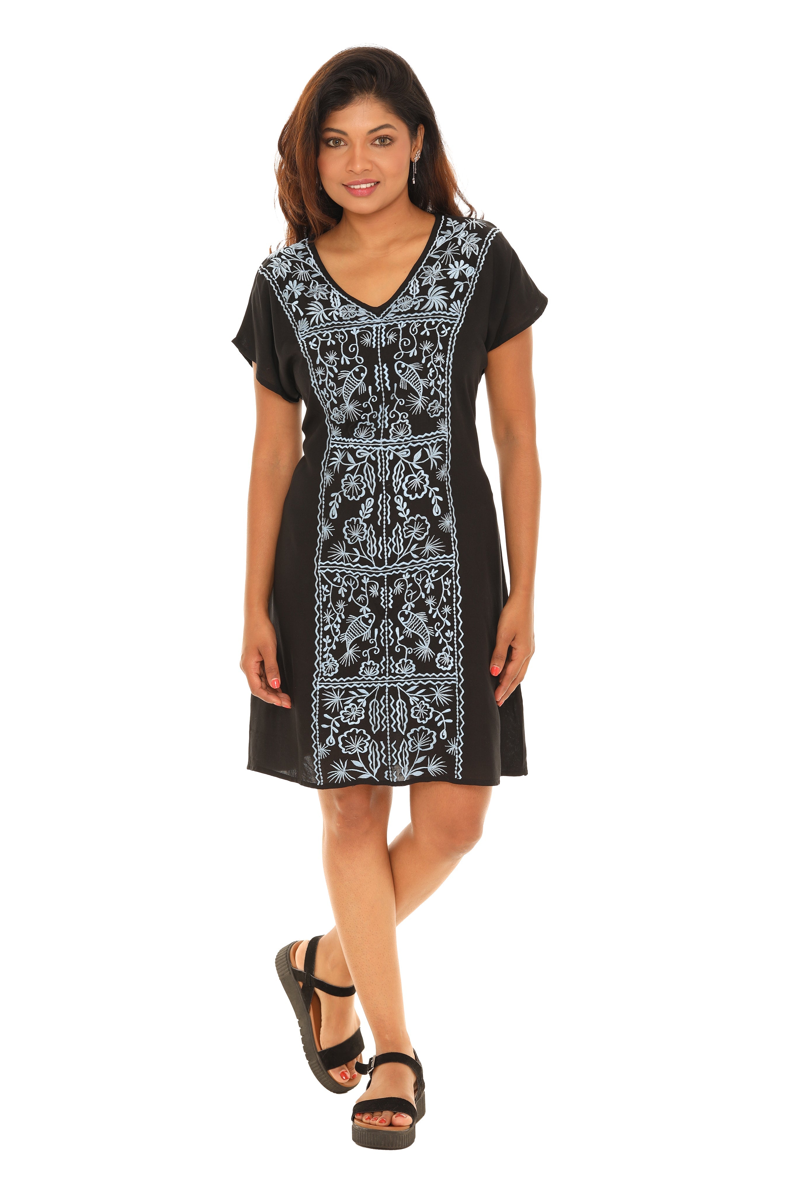 Floral Embroidered Cap-Sleeve V-Neck A-Line Dress - Shoreline Wear, Inc.