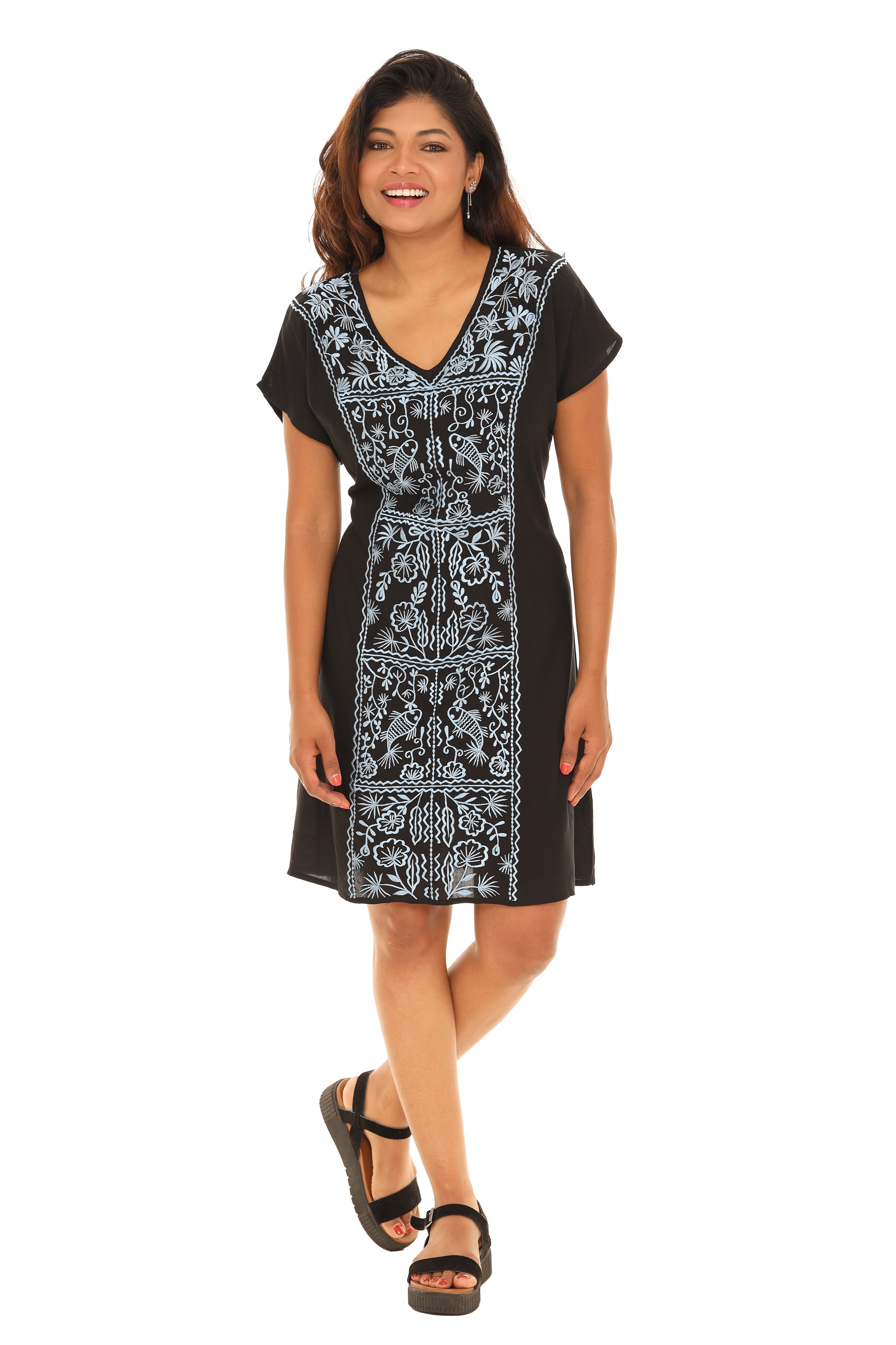 Floral Embroidered Cap-Sleeve V-Neck A-Line Dress - Shoreline Wear, Inc.
