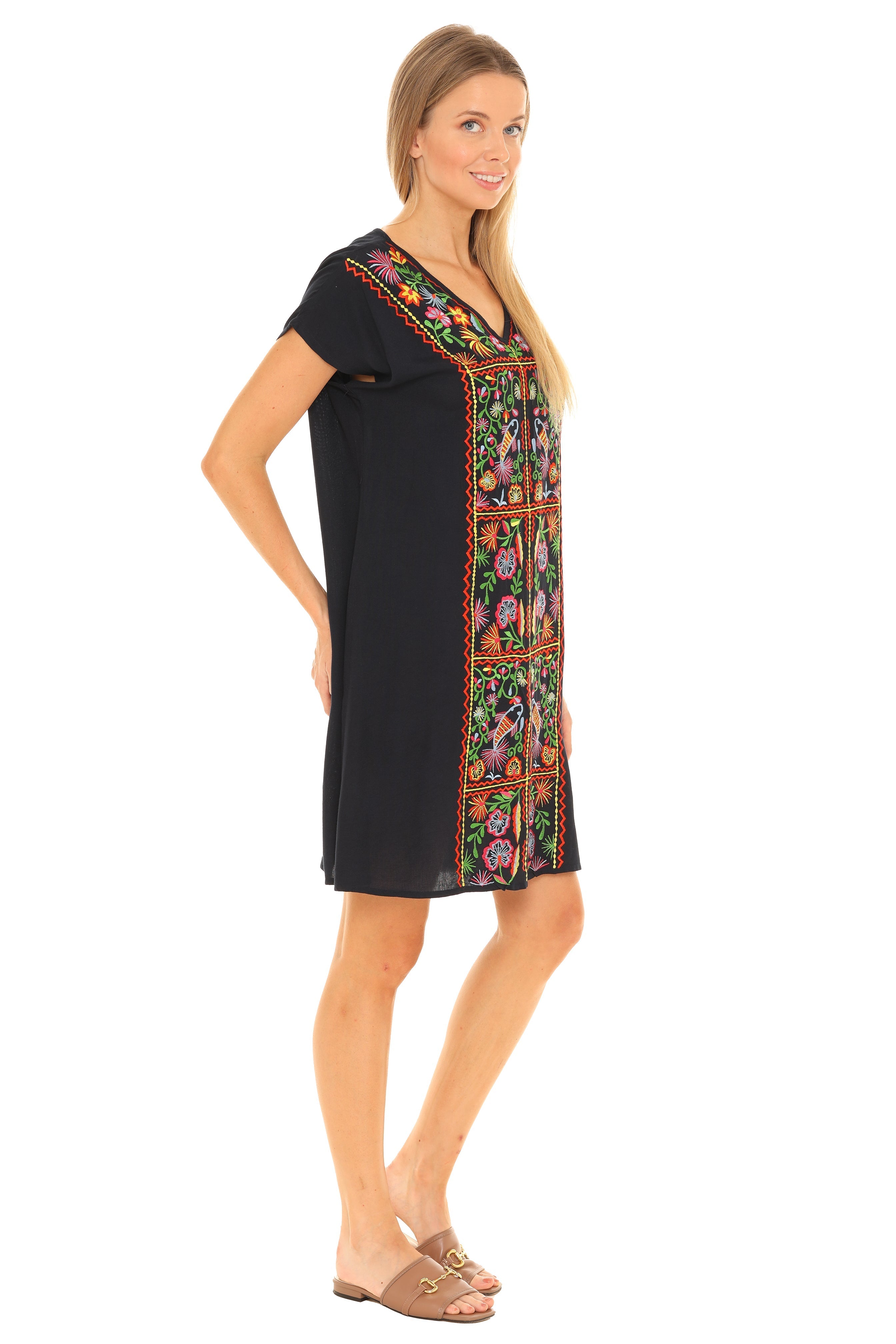 Floral Embroidered Cap-Sleeve V-Neck A-Line Dress - Shoreline Wear, Inc.