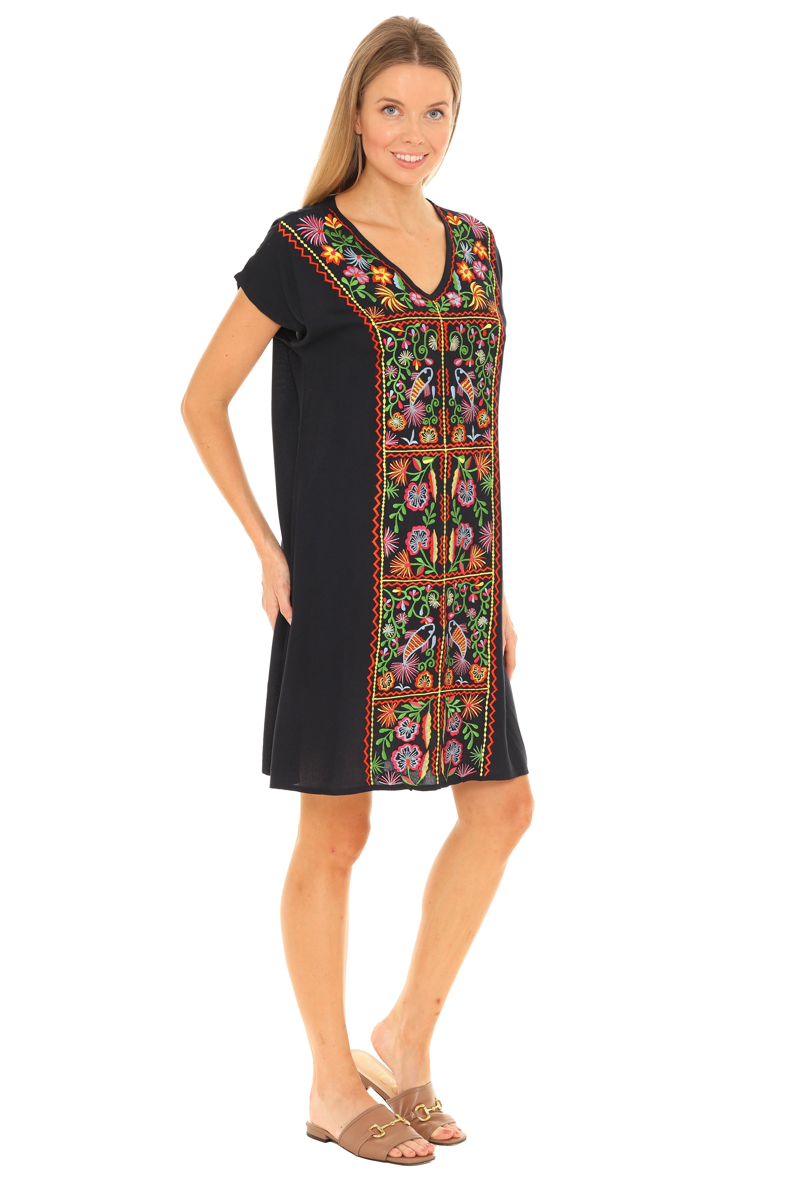 Floral Embroidered Cap-Sleeve V-Neck A-Line Dress - Shoreline Wear, Inc.