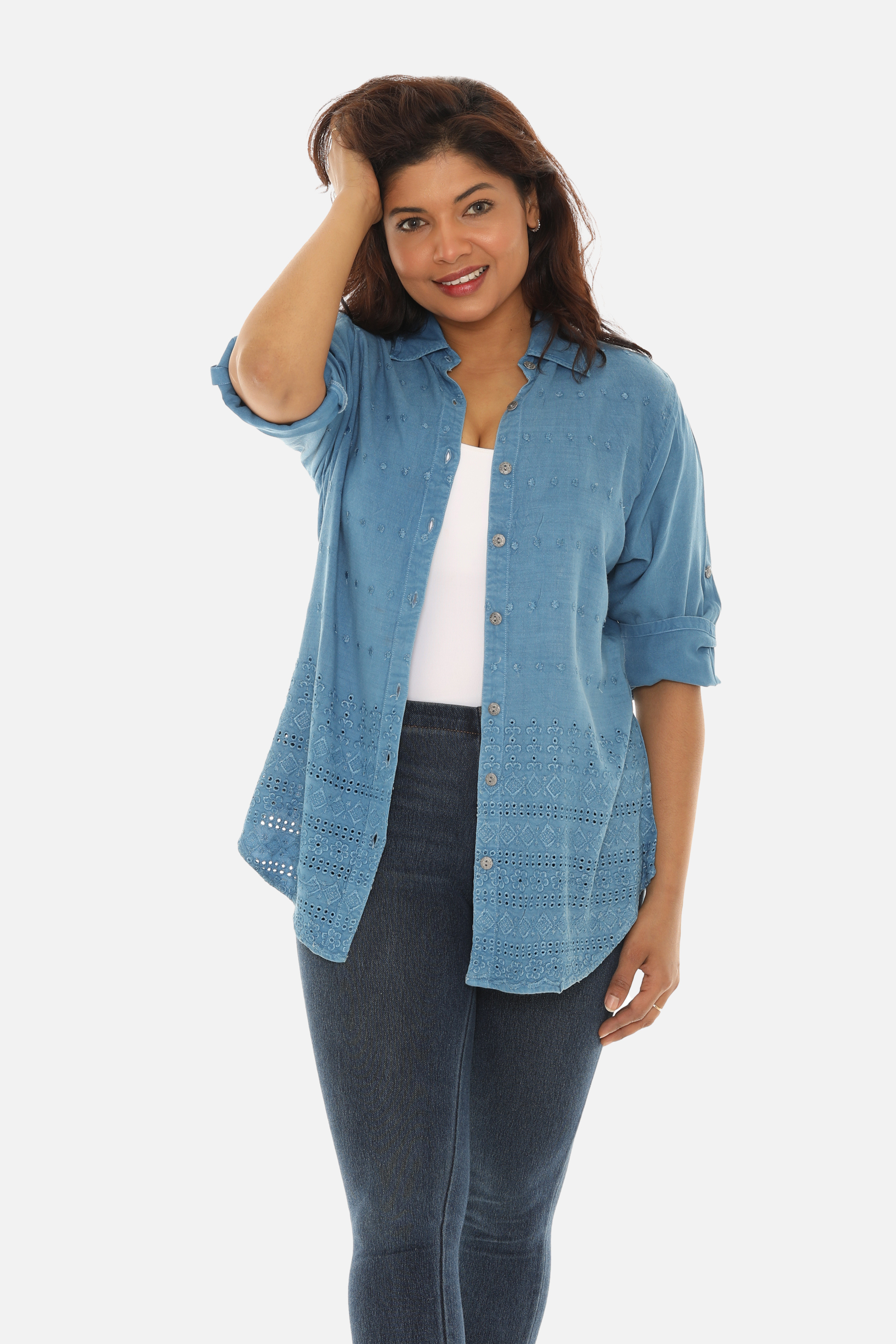 Embroidered Hem Women's Button Down Shirt - Charming Charlie
