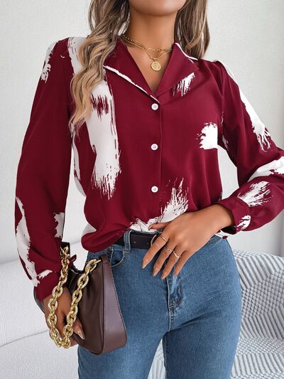 Printed Collared Neck Button Up Shirt - Charming Charlie