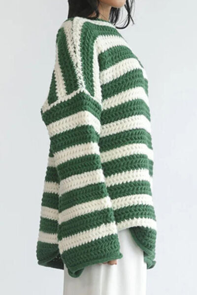 Striped Round Neck Dropped Shoulder Sweater - Charming Charlie