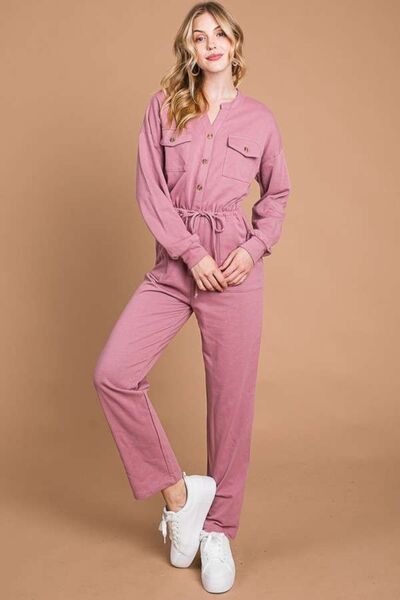 Culture Code Full Size Button Up Drawstring Waist Straight Jumpsuit - Charming Charlie
