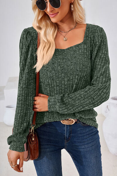 Ribbed Square Neck Long Sleeve T-Shirt - Charming Charlie