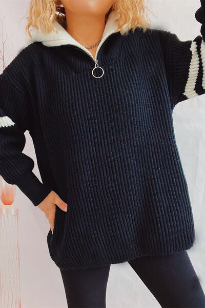 Quarter Zip Striped Dropped Shoulder Sweater - Charming Charlie