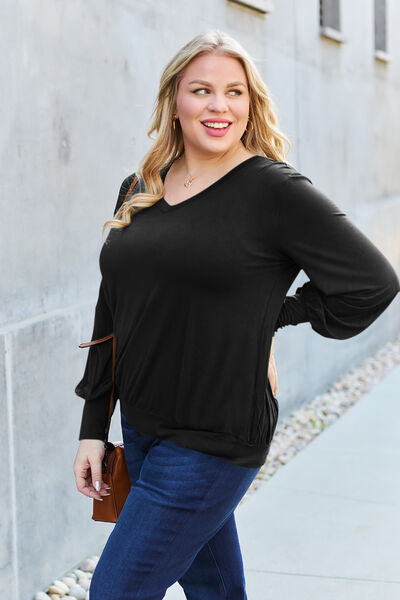 Basic Bae Full Size V-Neck Lantern Sleeve Blouse - Charming Charlie