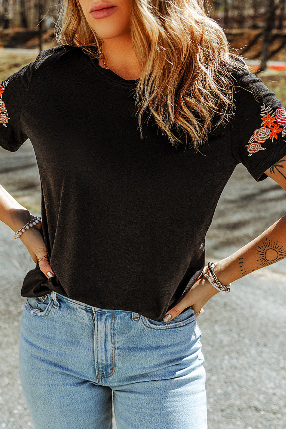 Embroidered Round Neck Tee Shirt - Charming Charlie