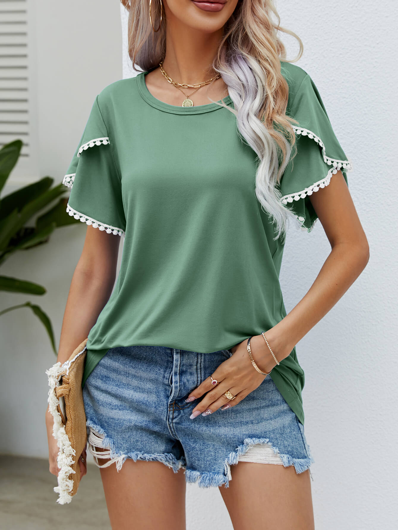 Pom-Pom Trim Flutter Sleeve Round Neck Tee - Charming Charlie