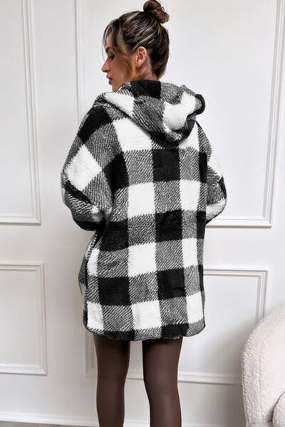 Double Take Full Size Plaid Long Sleeve Hooded Coat - Charming Charlie