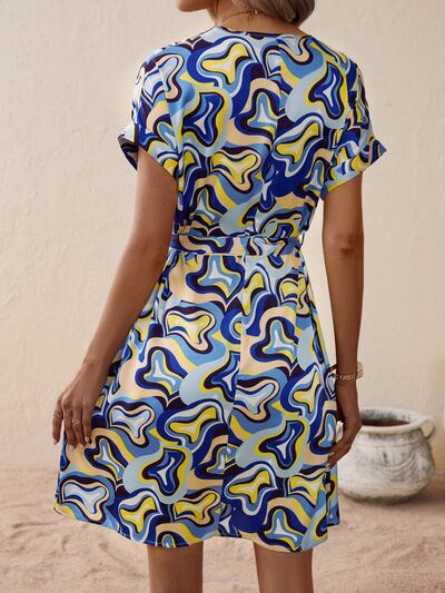 Tied Printed V-Neck Short Sleeve Dress - Charming Charlie