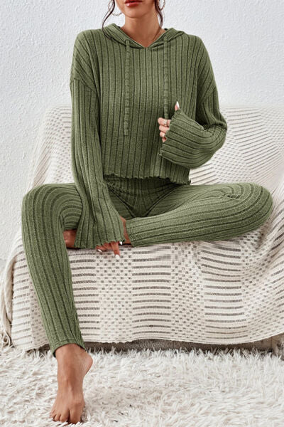 Lettuce Hem Dropped Shoulder Hooded Top and Pants Set - Charming Charlie