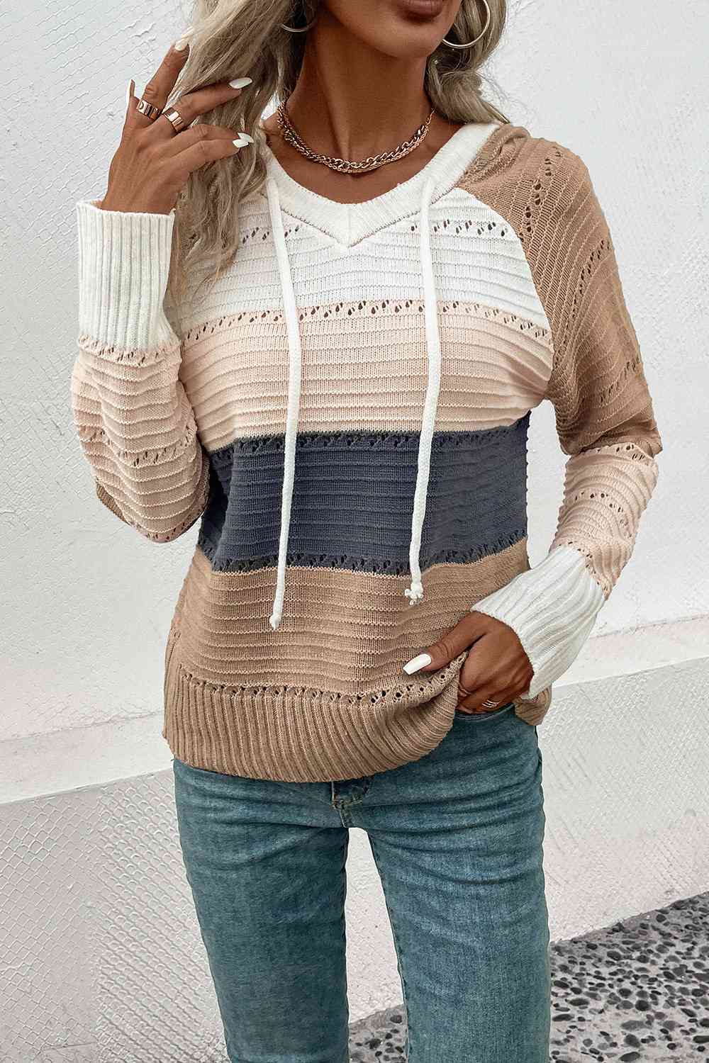 Color Block Drawstring Hooded Sweater - Charming Charlie