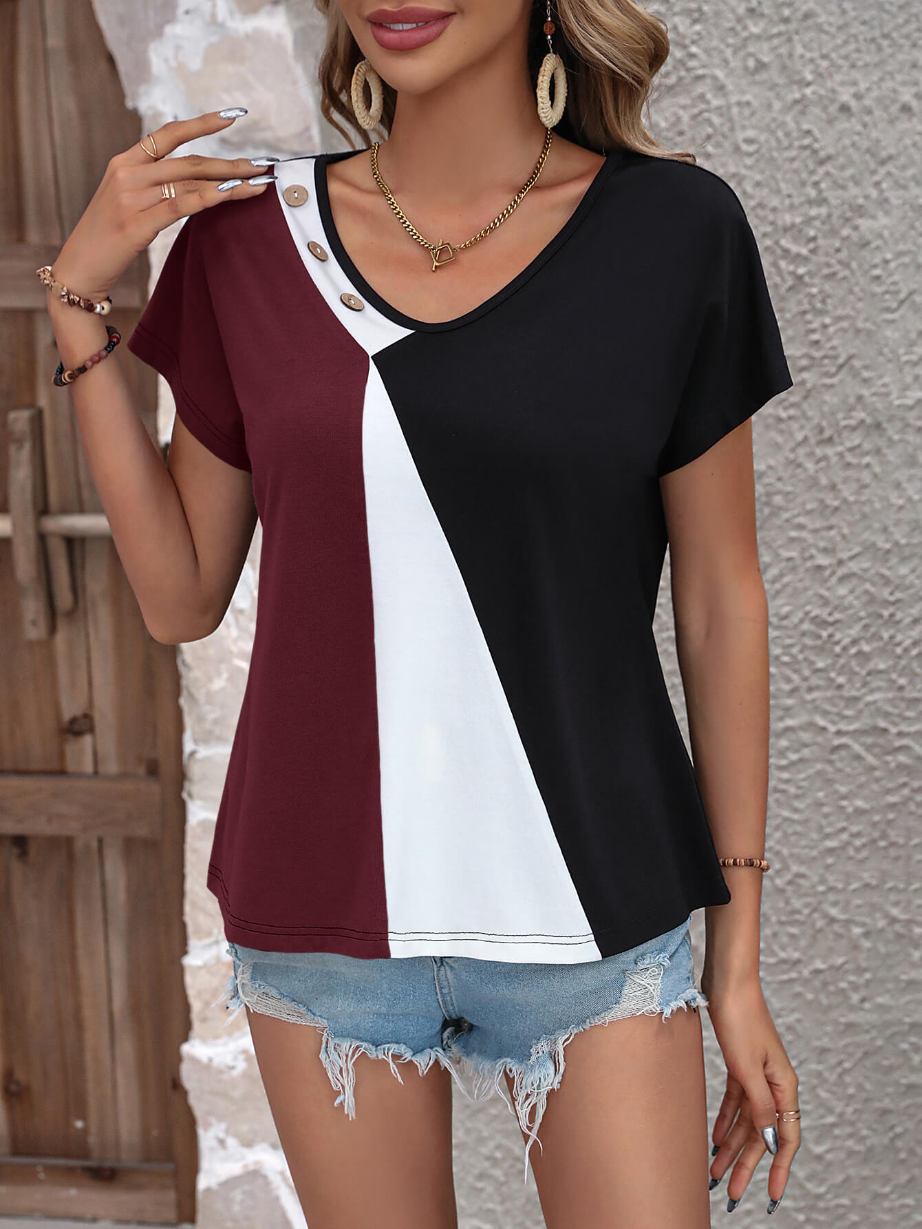 Color Block Decorative Button V-Neck Tee - Charming Charlie