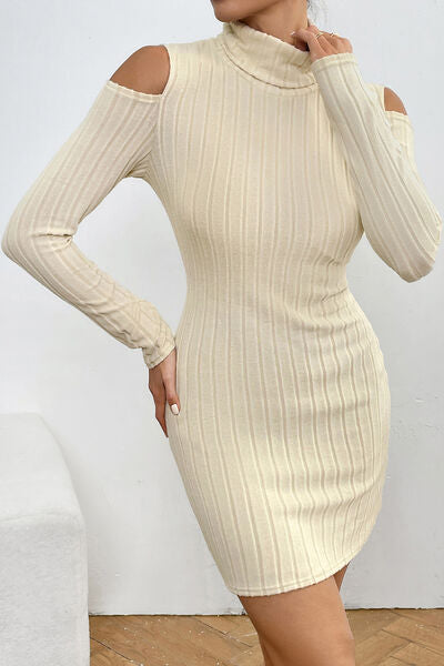 Ribbed Turtleneck Cold Shoulder Long Sleeve Mini Dress - Charming Charlie