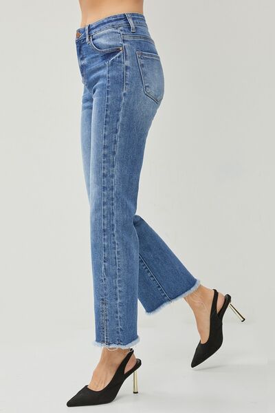RISEN High Waist Raw Hem Slit Straight Jeans - Charming Charlie
