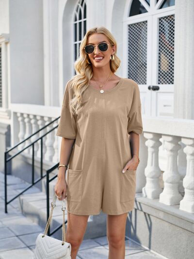 Backless Pocketed Round Neck Half Sleeve Romper - Charming Charlie