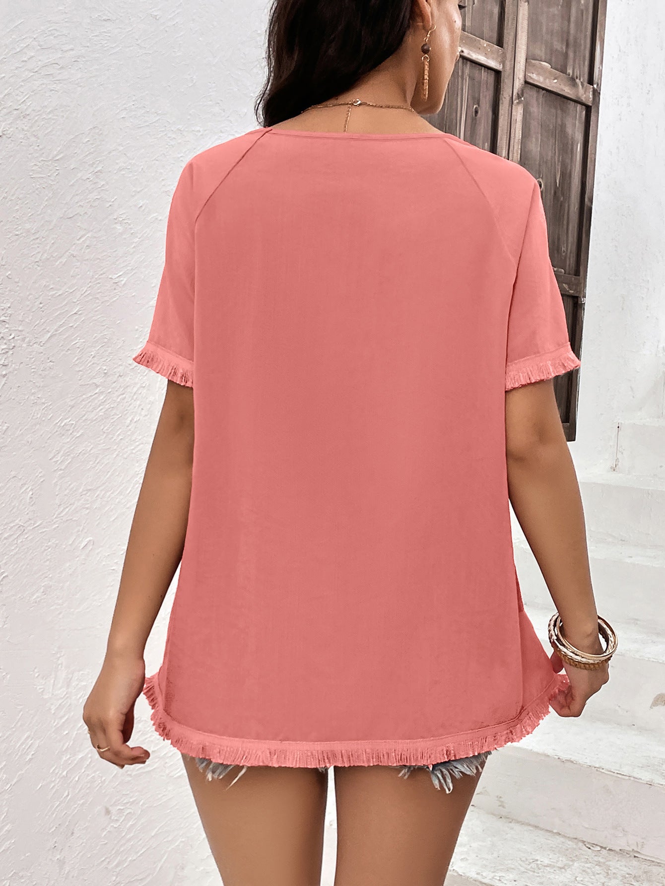 Round Neck Raglan Sleeve Fringe Detail Top - Charming Charlie