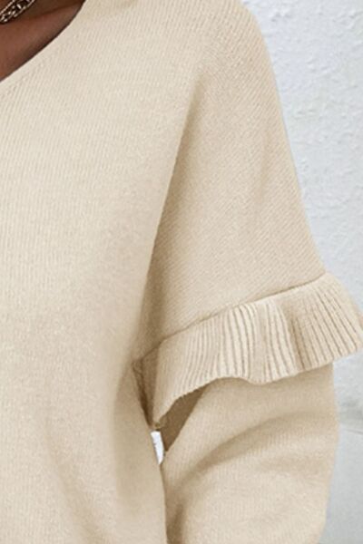 V-Neck Ruffle Trim Long Sleeve Sweater - Charming Charlie