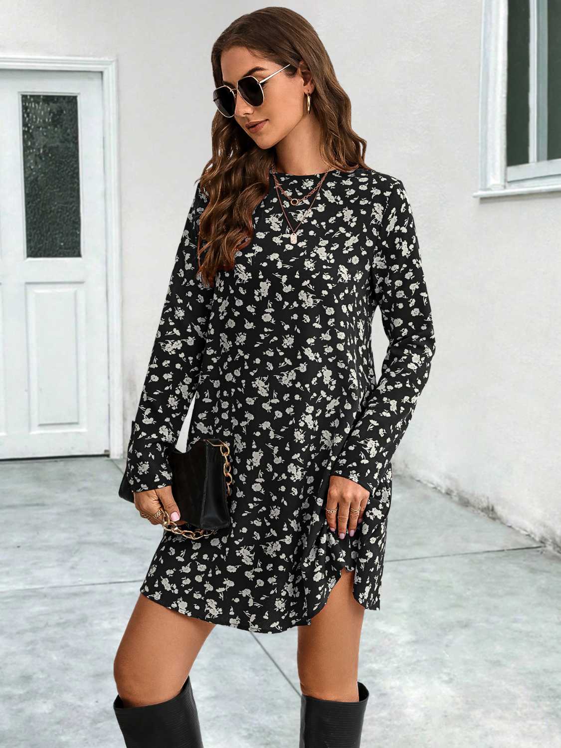 Round Neck Long Sleeve Mini Dress - Charming Charlie