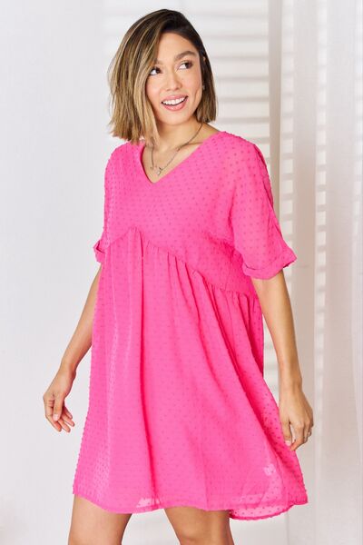 Zenana Swiss Dot Rolled Short Sleeve Babydoll Dress - Charming Charlie