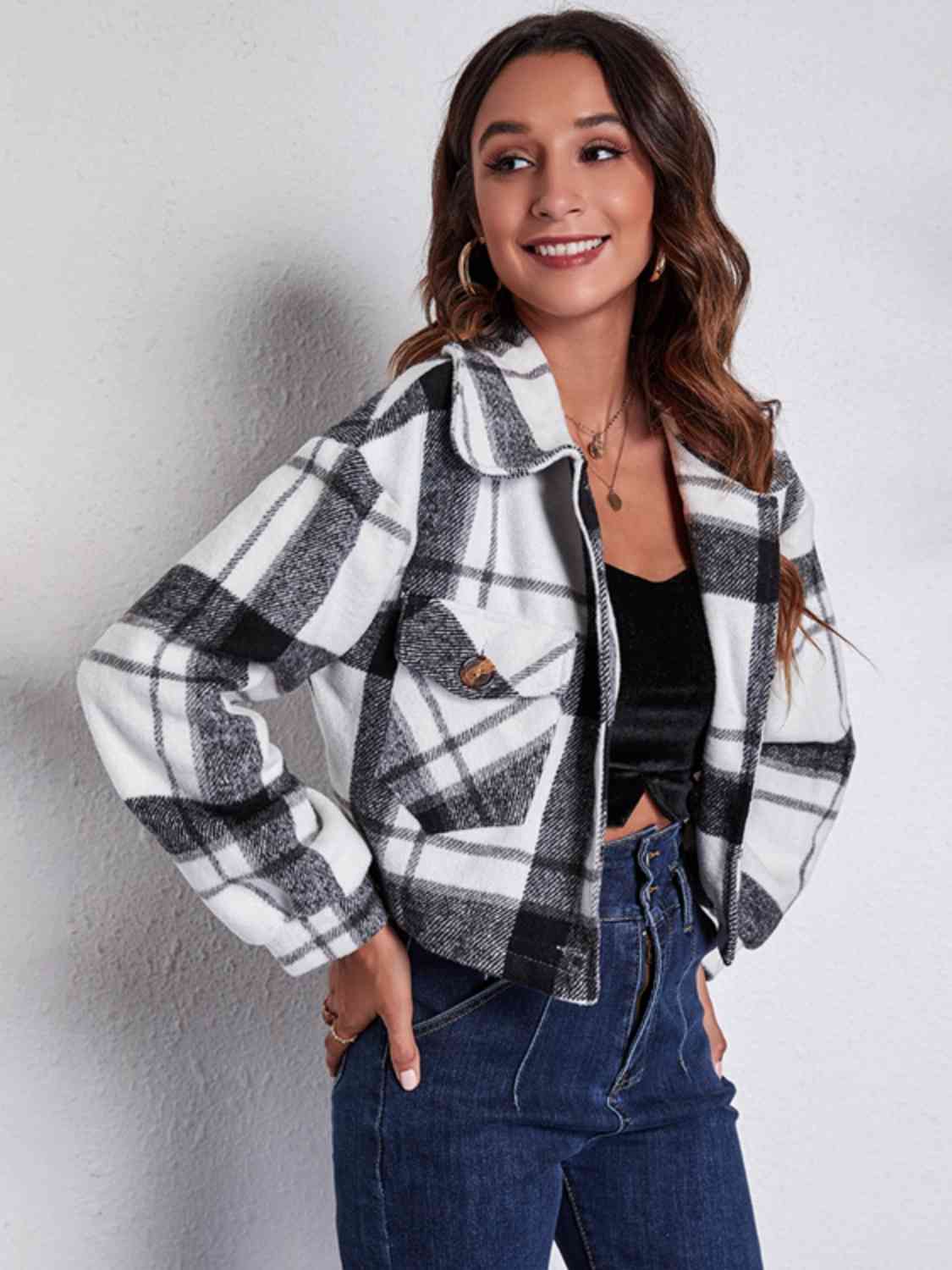 Plaid Button Front Jacket with Pockets - Charming Charlie