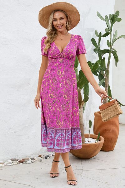 Printed Surplice Short Sleeve Dress - Charming Charlie